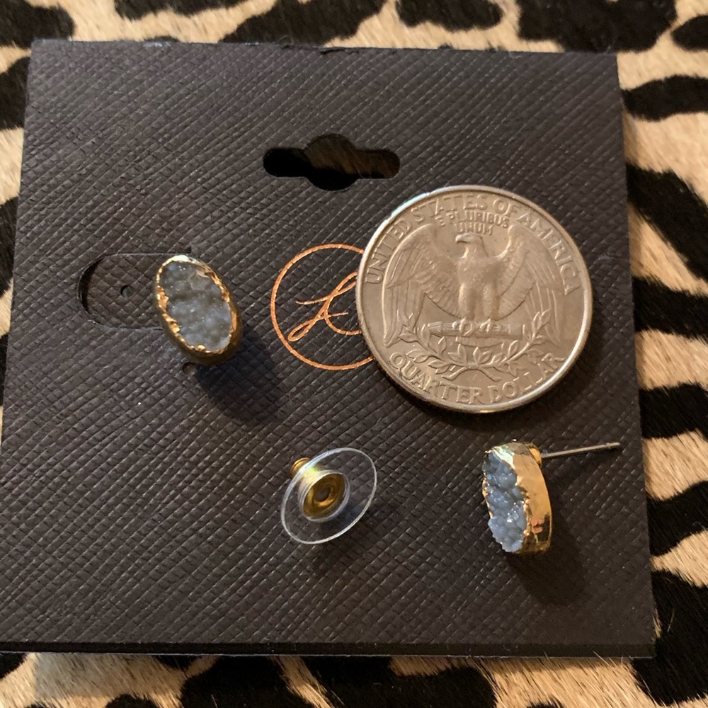 14K Gold Overlay Glimmering Blue Druzy Earrings - Picture 3 of 4